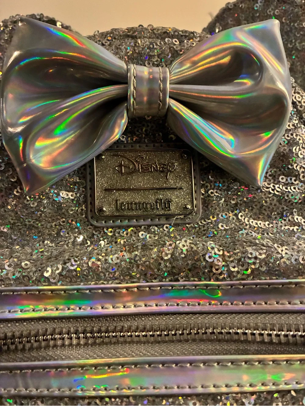 Disney Loungefly Silver Sequin Mini Backpack with Holographic Bow